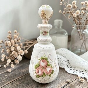 Charleton Roses Milk Glass Dresser Bottle (Kemple) & Stopper Vanity Cologne